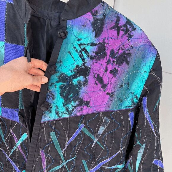 Vintage Patchwork Quilted Art Jacket w/ Butterfly Appliques, Abstract Design - M - Picture 4 of 10